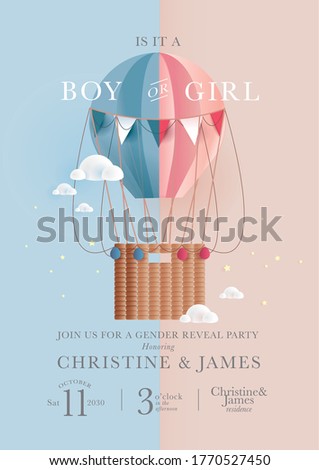 hot air balloon gender reveal celebration invitation card design template vector/illustration