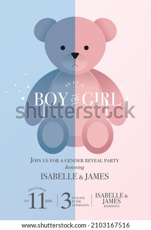 teddy bear gender reveal baby shower party invitation card design template vector, illustration