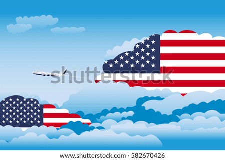 Illustration of Clouds, Clouds with United States Flags, Aeroplane Flying
