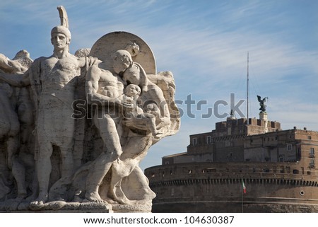 ROME, MARCH - 21: Sculpture from Vittorio Emanuele bridge and Angel s castle in background. March 21, 2012 in Rome, Italy