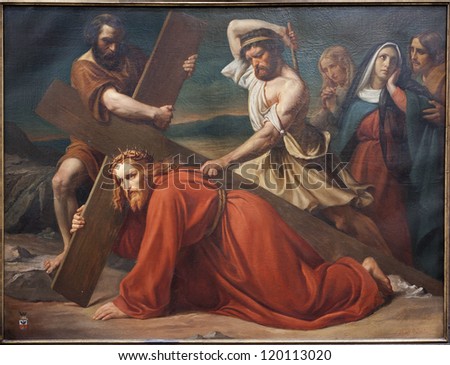 BRUSSELS - JUNE 21: The First Fall of Jesus on the cross way. Paint from church Notre Dame du Finstere by Albert Roberti from 1851 on June 21, 2012 in Brussels.