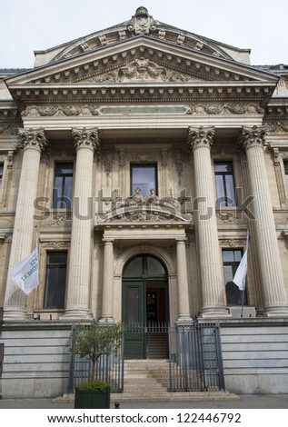 BRUSSELS - JUNE 21: East portal of The Stock Exchange building. The building was erected from 1868 to 1873 in the Neo-Renaissance style on June 21, 2012 in Brussels.