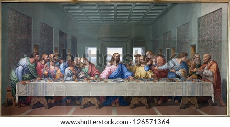 VIENNA - JANUARY 15: Mosaic of Last supper of Jesus by Giacomo Raffaelli in the Minoriten church from year 1816 as copy of Leonardo da Vinci work on January 15. 2013 in Vienna.