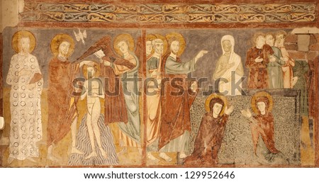 VERONA - JANUARY 27: Fresco of Resurrection of Lazarus and baptism of Christ from 13. - 14. cent. in basilica San Zeno in January 27, 2013 in Verona, Italy.