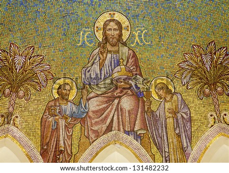 MADRID - MARCH 9: Mosaic of Jesus Christ and apostle Peter and John from main apse of  Iglesia de San Manuel y San Benito by architect Fernando ArbÃ?Â³s from 19. cent. in March 9, 2013 in Madrid.