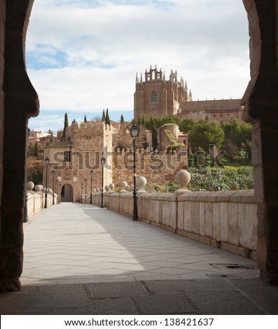 Toledo - Outlook form San Martin s bride or Puente de san Martin to Monastery of saint John of the King in morning light