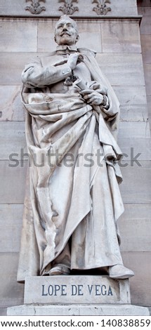 MADRID - MARCH 11: Nebrija statue from Portal of National Archaeological Museum of Spain. Building was projected by architect Francisco Jareno and built from 1866 to 1892 on March 11, 2013 in Madrid.