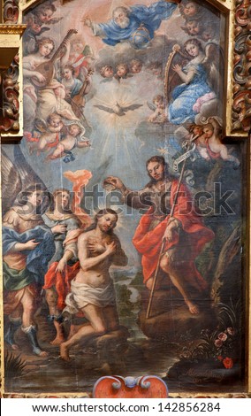 TOLEDO - MARCH 8: Baptism of Christ paint from church Iglesia de san Idefonso by Alonso del Arco from year 1702 on March 8, 2013 in Toledo, Spain.