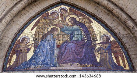 ROME - MARCH 20: Mosaic of Jesus Christ and coronation of holy Mary from facade church on March 20, 2012 in Rome