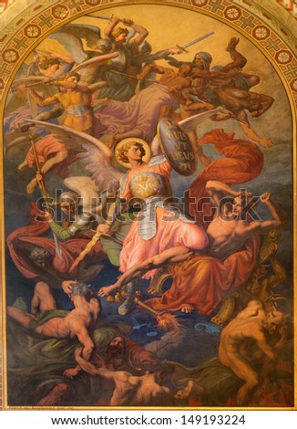 VIENNA - JULY 27: Archangel Michael and war with the bad angels  scene by Leopold Kupelwieser from 1860 in nave of Altlerchenfelder church on July 27, 2013 Vienna.