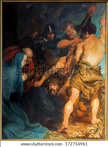 ANTWERP, BELGIUM - SEPTEMBER 5, 2013: The Carryng of the Cross. Paint by great baroque master Anthony Van Dyck in St. Pauls church (Paulskerk).