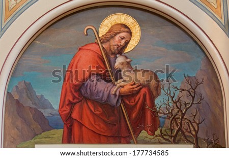 VIENNA, AUSTRIA - FEBRUARY 17, 2014: Fresco of Jesus as good shepherd by Josef Kastner 1906 - 1911 in Carmelites church in Dobling.