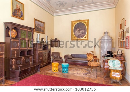 SAINT ANTON, SLOVAKIA - FEBRUARY 26, 2014: Bulgarian saloon in palace Saint Anton with the furniture form 19. cent.