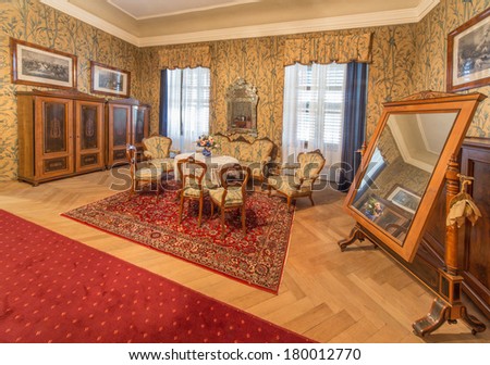 SAINT ANTON, SLOVAKIA - FEBRUARY 27, 2014: Bedroom of guests. Furniture from 19. cent in palace Saint Anton.