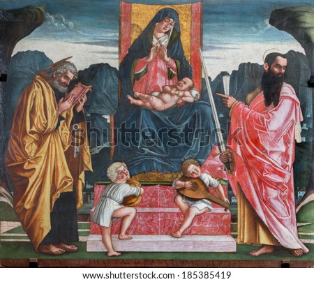 TREVISO, ITALY - MARCH 18, 2014: Madonna with the child and apostles st. Peter and Paul by A. Vivarini from 15. cent. in saint Nicholas or San Nicolo church.