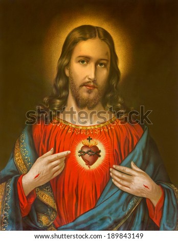 ROZNAVA, SLOVAKIA, JANUARY 1, 2014: Copy of typical catholic image of heart of Jesus Christ from Slovakia printed on 19. April 1899 in Germany originally by unknown artist.