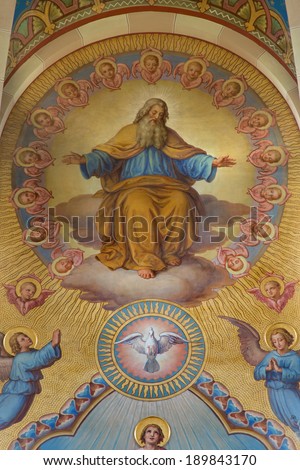 VIENNA, AUSTRIA - FEBRUARY 17, 2014: God the Father. Detail of Big fresco from presbytery of Carmelites church in Dobling by Josef Kastner from years 1906 - 1911.