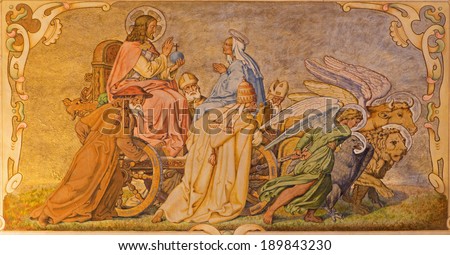 PEZINOK, SLOVAKIA - JANUARY 30, 2013: Fresco of Christ the Pantokrator on the cart and four big west teacher of catholic church by Augustin Barta from year 1942 - 1945 in \