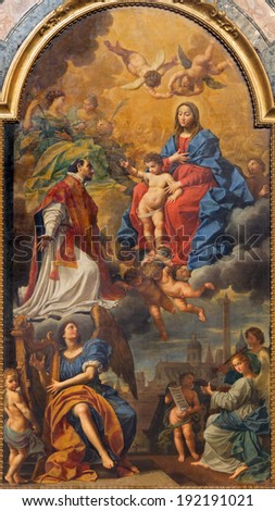 BOLOGNA, ITALY - MARCH 15, 2014: Madonna in the glory with the st. Ignace, angels and saints by D. Creti (1736) in Dom - Saint Peters baroque church.