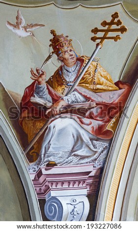 SAINT ANTON, SLOVAKIA - FEBRUARY 26, 2014: Fresco of saint Gregorius the pope big teacher of west church from ceiling of chapel in Saint Anton palace by Anton Schmidt from years 1750 - 1752.