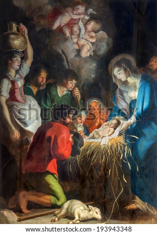 ANTWERP, BELGIUM - SEPTEMBER 5, 2013: The Nativity scene by baroque painter Cornelius de Vos (1584 - 1651) in Saint Pauls church (Paulskerk)