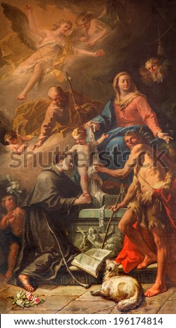 VENICE, ITALY - MARCH 13, 2014: The Holy Family with the st. Anthony of Padua  and st. John the Baptist by Gaspere Diziani 1755 in church Chiesa dei Santi. XII Apostoli