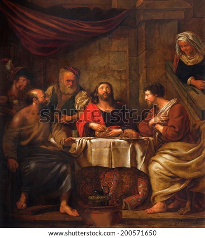 MECHELEN, BELGIUM - JUNE 14, 2014: The central part of the paint Jesus and disciple of Emausy at supper by G. Herreuns (1793)  in st. Johns church or Janskerk.
