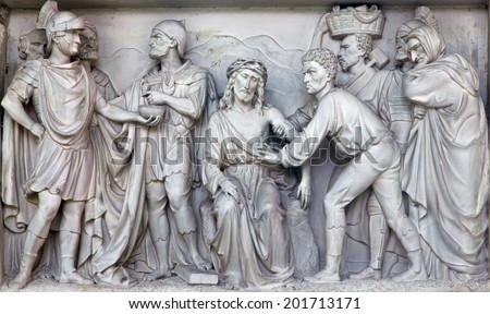 MECHELEN, BELGIUM - JUNE 14, 2014: Stone relief Jesus for Pilate  in church Our Lady across de Dyle.