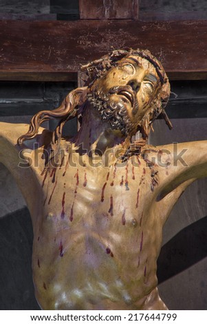 PADUA, ITALY - SEPTEMBER 10, 2014: The detail of Crucifixion statue in the church Chiesa di San Gaetano and the chapel of the Crucifixion by Agostino Vannini from 17th century