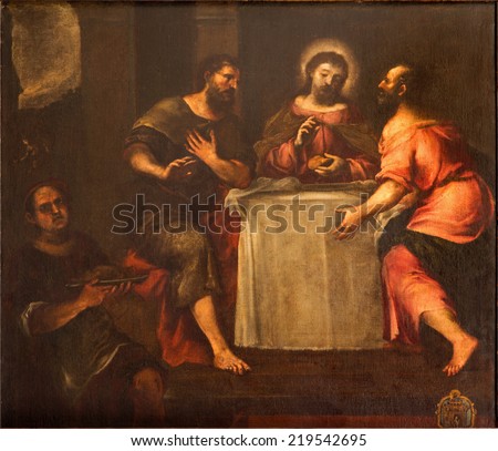 PADUA, ITALY - SEPTEMBER 10, 2014: Painting of the scene Jesus and the Disciples of Emausy in the church Chiesa di San Gaetano and the chapel of the Crucifixion by unknown painter from 17th century