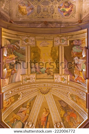 BOLOGNA, ITALY - MARCH 17, 2014: The ceiling fresco in chapel of the sacristy in baroque church San Michele in Bosco with the Old Testaments scenes.