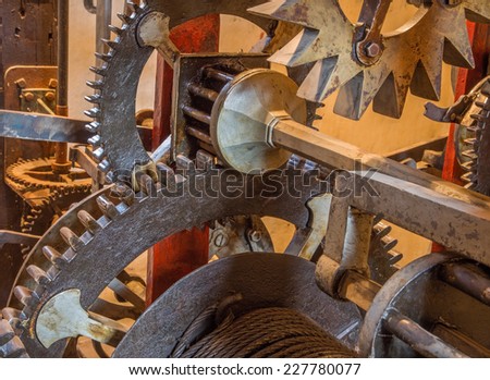 BRATISLAVA, SLOVAKIA - OCTOBER 11, 2014: The detail of old clock-work from tower-clock on the St. Martins cathedral at work. Anyone parts of the machine are from year 1766 by master Jacob Halth.