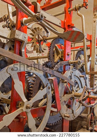 BRATISLAVA, SLOVAKIA - OCTOBER 11, 2014: The detail of old clock-work from tower-clock on the St. Martins cathedral at work. Anyone parts of the machine are from year 1766 by master Jacob Halth.