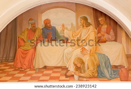 VIENNA, AUSTRIA - DECEMBER 17, 2014:  The Mary Magdalen wash the feet of Jesus scene by Josef Kastner the older from 20. cent. in Erloserkirche church.