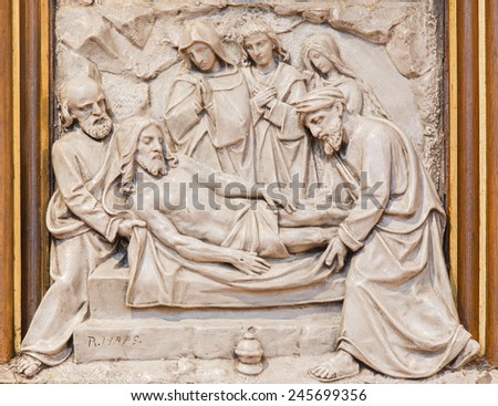 VIENNA, AUSTRIA - DECEMBER 17, 2014: The Burial of Jesus relief as one part of Cross way cycle in Sacre Coeur church by R. Haas from end of 19. cent.