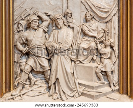VIENNA, AUSTRIA - DECEMBER 17, 2014: The Jesus from Pilate relief as one part of Cross way cycle in Sacre Coeur church by R. Haas from end of 19. cent.
