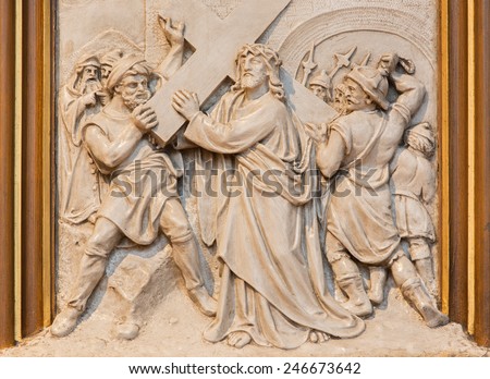 VIENNA, AUSTRIA - DECEMBER 17, 2014: Jesus carries his cross. Relief as one part of Cross way cycle in Sacre Coeur church by R. Haas from end of 19. cent.