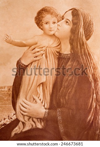 SEBECHLEBY, SLOVAKIA - JANUARY 3, 2015: Typical catholic image of Madonna with the child (in my own home) printed in Germany from the end of 19. cent. originally by unknown painter.