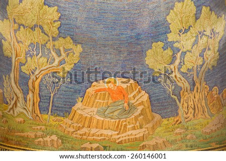 JERUSALEM, ISRAEL - MARCH 3, 2015: The mosaic of Jesus in Gethsemane garden in The Church of All Nations (Basilica of the Agony) by Pietro D\'Achiardi (1922 - 1924).