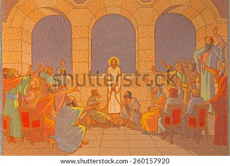 JERUSALEM, ISRAEL - MARCH 3, 2015: The judgment of Jesus before sanhedrin. Mosaic in Church of St. Peter in Gallicantu.