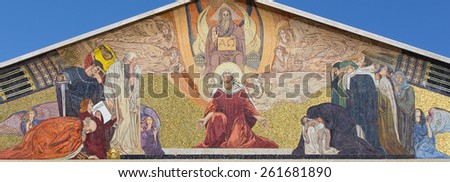 JERUSALEM, ISRAEL - MARCH 3, 2015: The mosaic on the portal of The Church of All Nations (Basilica of the Agony) by Professor Giulio Bargellini (1922 - 1924).