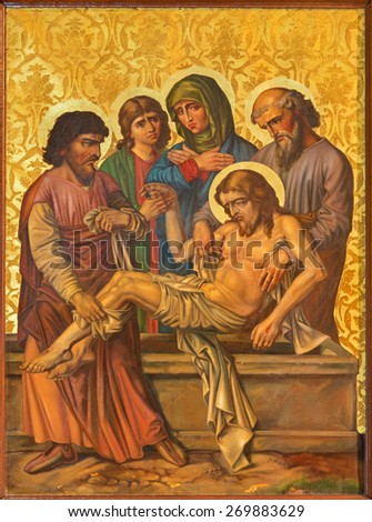 JERUSALEM, ISRAEL - MARCH 4, 2015: The Burial of Jesus paint from end of 19. cent. by unknown artist as part of cross way cycle in Armenian Church Of Our Lady Of The Spasm.