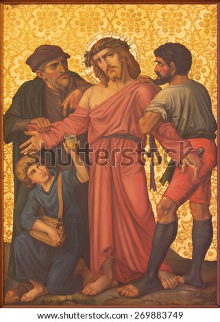 JERUSALEM, ISRAEL - MARCH 4, 2015: The Jesus Stripped of His Garments paint from end of 19. cent. by unknown artist as part of cross way cycle in Armenian Church Of Our Lady Of The Spasm.
