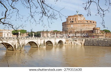Rome - Angels bridge and castle in morning and at high water in Tiber