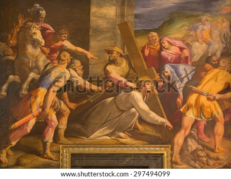 ROME, ITALY - MARCH 25, 2015: The detail of paint Christ Falls Beneath the Cross in church Chiesa del Jesu by Gaspare Celio (1571 - 1640) in church Chiesa del Jesu.