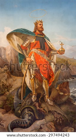 ROME, ITALY - MARCH 25, 2015: The painting of St. Olav the king of Norway by Pius Adamowitsch Welonsky (1893) on side altar of church Basilica dei Santi Ambrogio e Carlo al Corso.