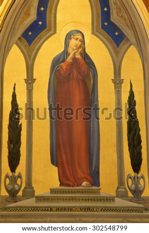 JERUSALEM, ISRAEL - MARCH 4, 2015: The paint of Virgin Mary in Church of Flagellation on Via Dolorosa from begin of 20. cent. by artist Barberis.