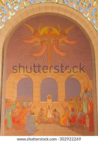 JERUSALEM, ISRAEL - MARCH 3, 2015: The judgment of Jesus before sanhedrin. Mosaic in Church of St. Peter in Gallicantu.