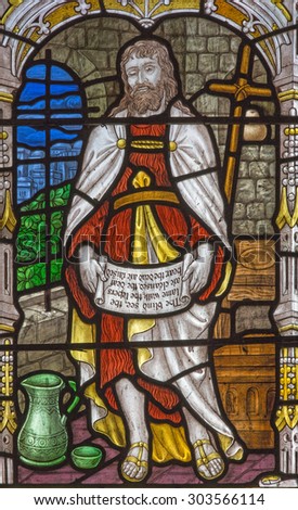 JERUSALEM, ISRAEL - MARCH 5, 2015: The St. John the Baptist on the windowpane in st. George anglicans church from end of 19. cent.