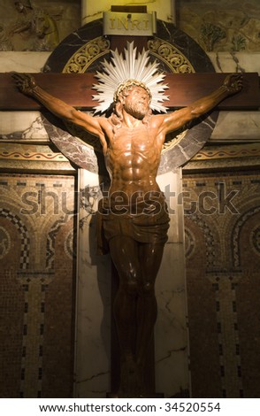 Christ on the cross - Barcelona - interior of church Sagrad cor de Jesus on Tibidabo